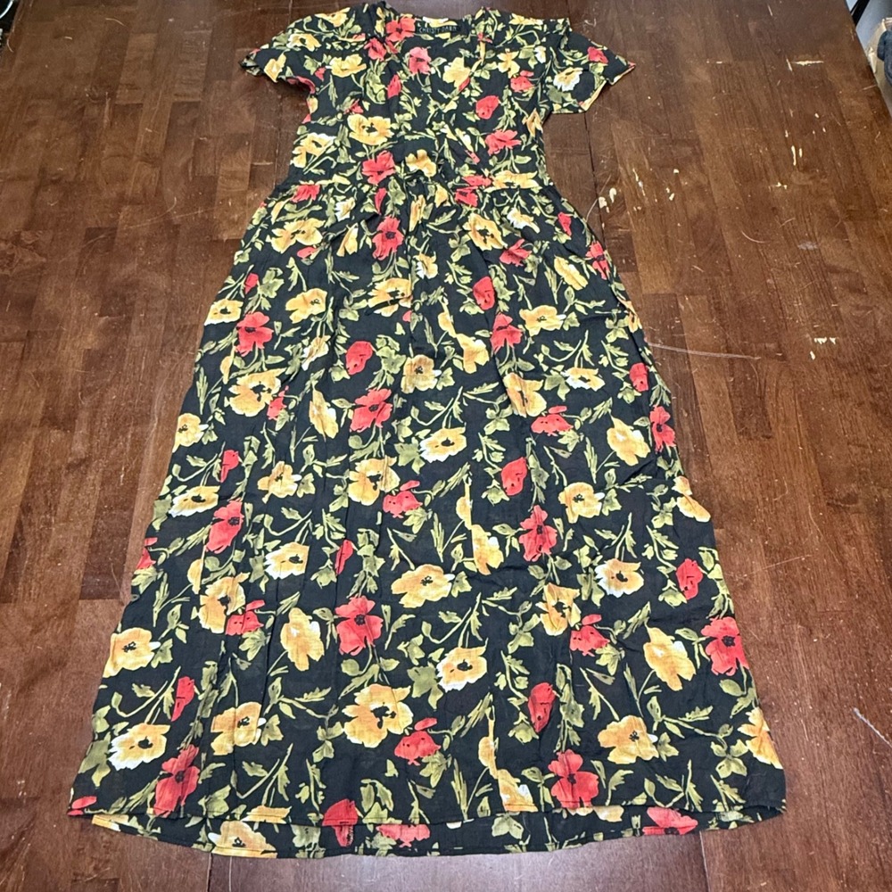 Christy Dawn Maxi Dress Womens Medium Black Floral Wrap Light Rayon Short Sleeve